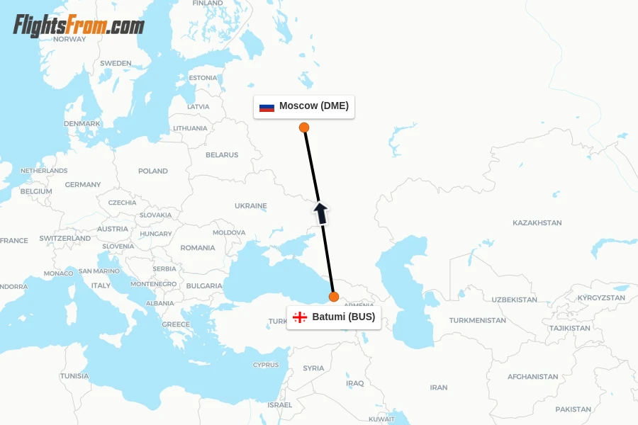 Flights from Batumi to Moscow route map
