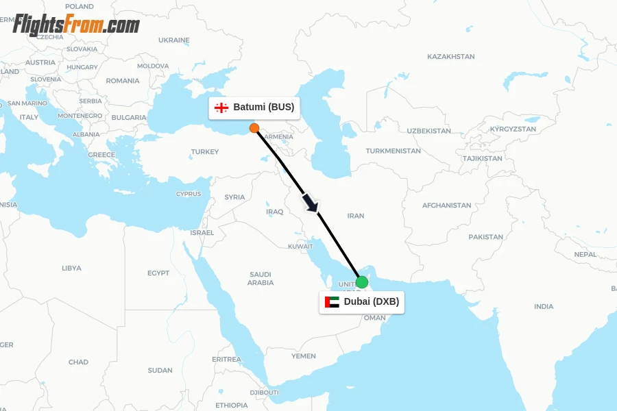 Flights from Batumi to Dubai route map