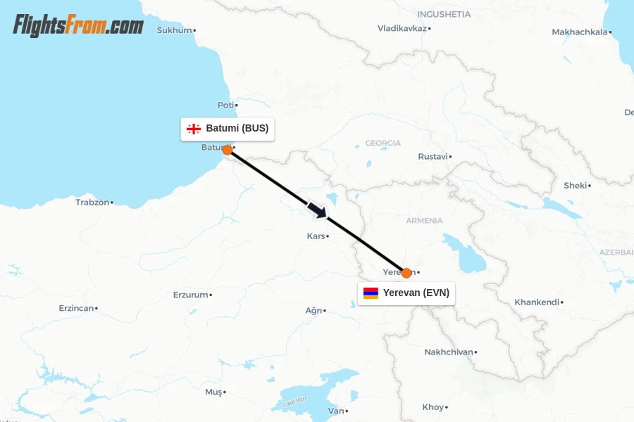 Flights from Batumi to Yerevan route map