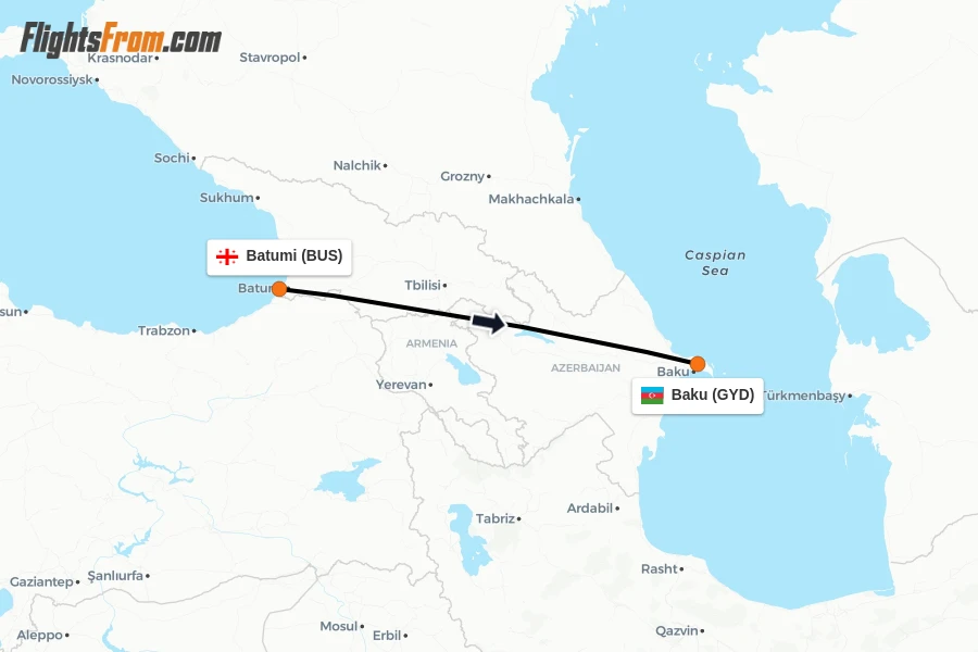Flights from Batumi to Baku route map