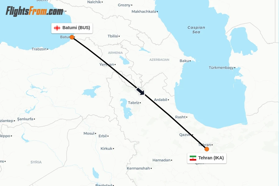 Flights from Batumi to Tehran route map