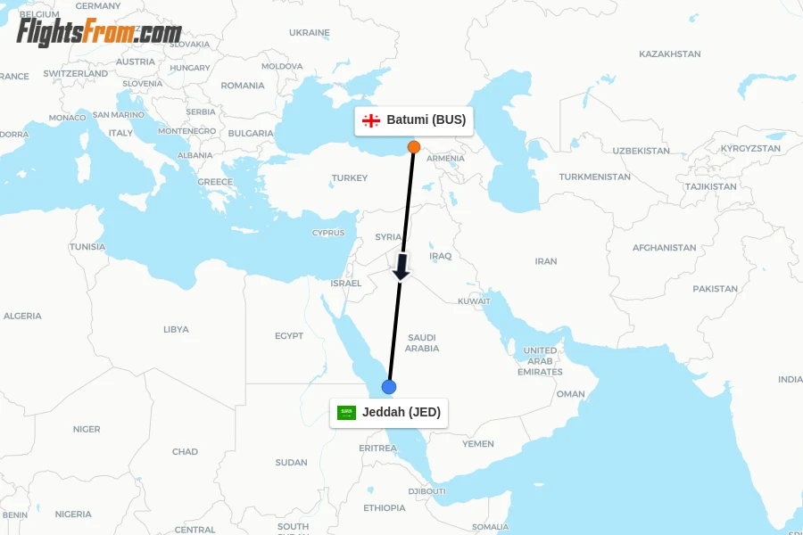 Flights from Batumi to Jeddah route map