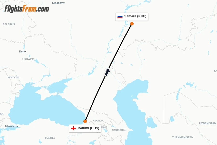 Flights from Batumi to Samara route map