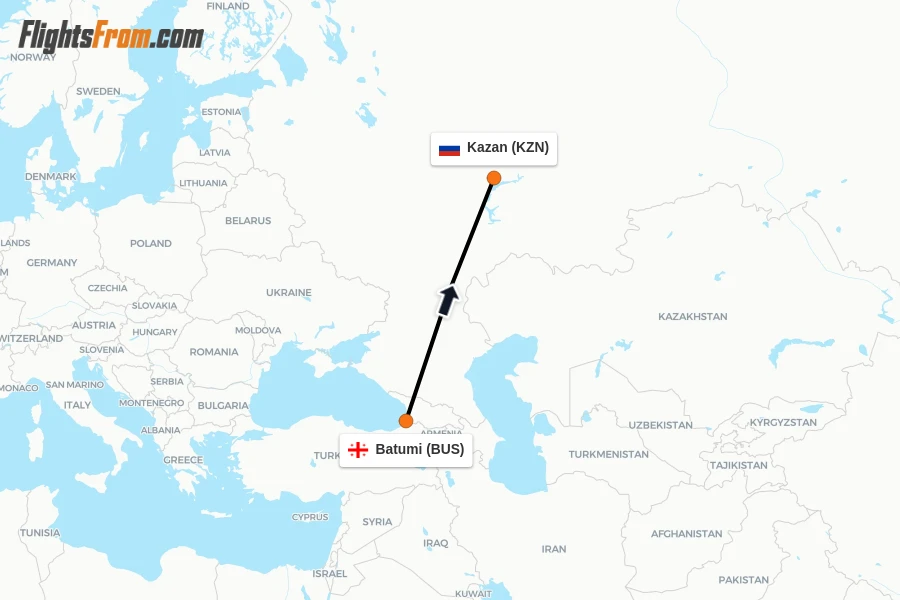 Flights from Batumi to Kazan route map