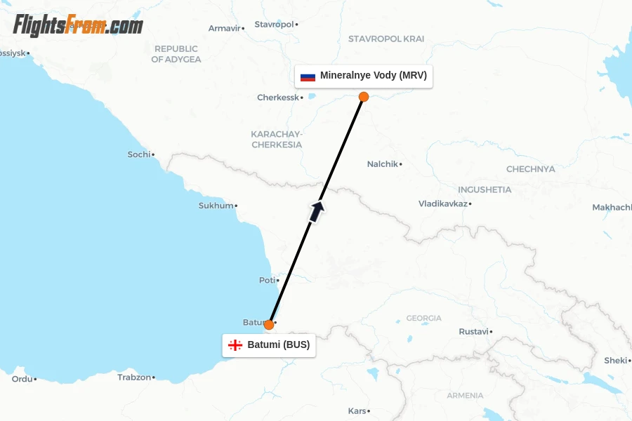 Flights from Batumi to Mineralnye Vody route map