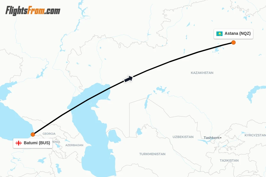 Flights from Batumi to Astana route map