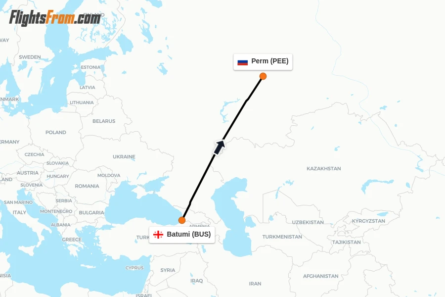 Flights from Batumi to Perm route map