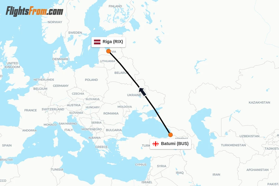Flights from Batumi to Riga route map