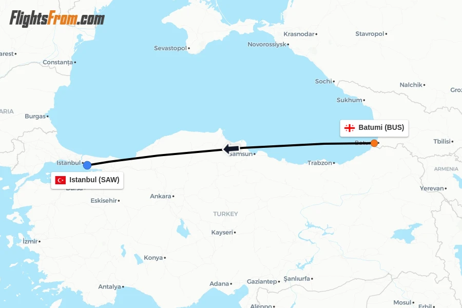 Flights from Batumi to Istanbul route map
