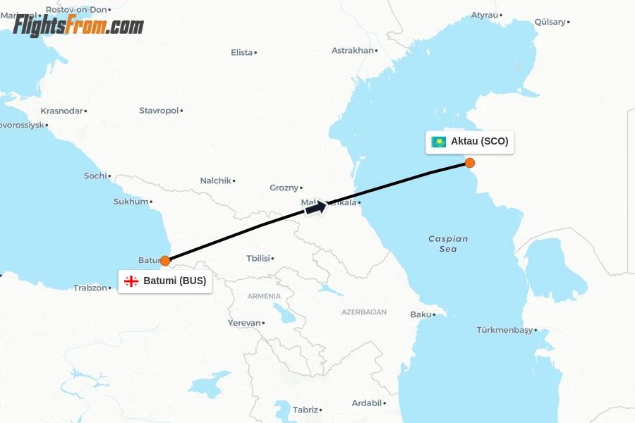 Flights from Batumi to Aktau route map