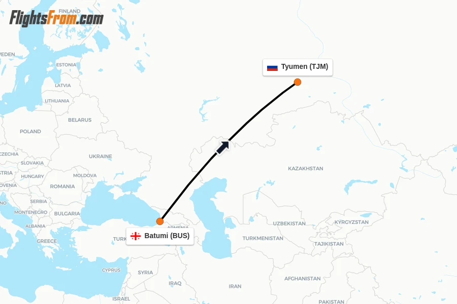 Flights from Batumi to Tyumen route map
