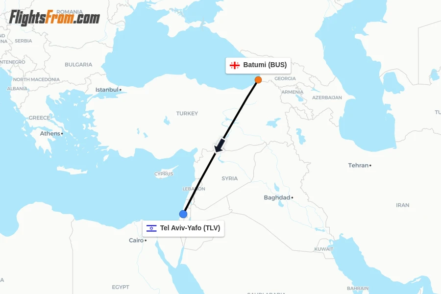 Flights from Batumi to Tel Aviv-Yafo route map