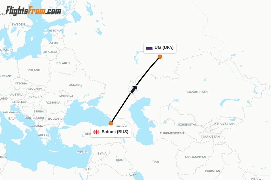 Flights from Batumi to Ufa route map