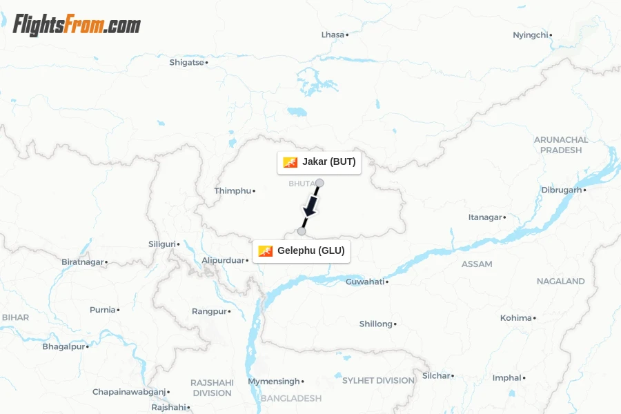 Flights from Jakar to Gelephu route map