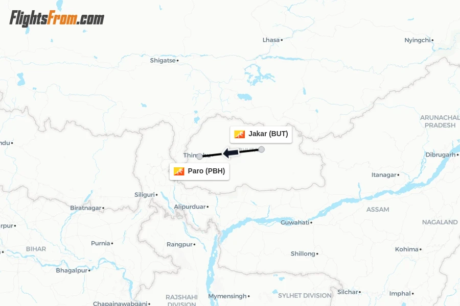 Flights from Jakar to Paro route map