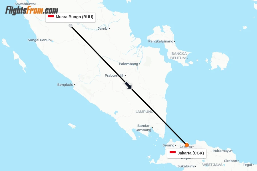 Flights from Muara Bungo to Jakarta route map