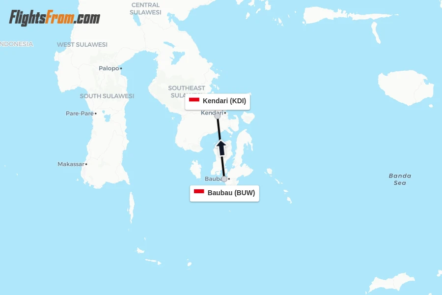 Flights from Baubau to Kendari route map