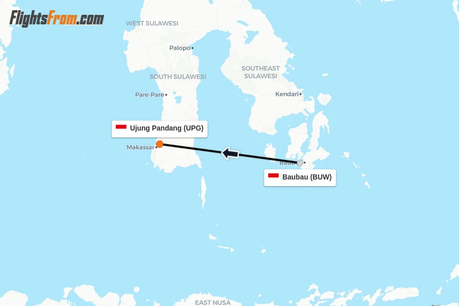 Flights from Baubau to Ujung Pandang route map