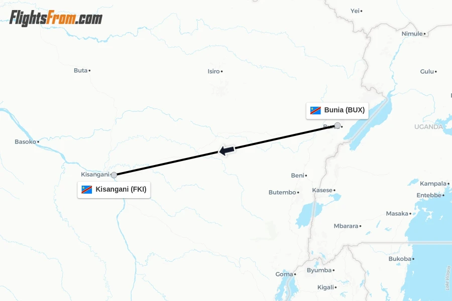 Flights from Bunia to Kisangani route map
