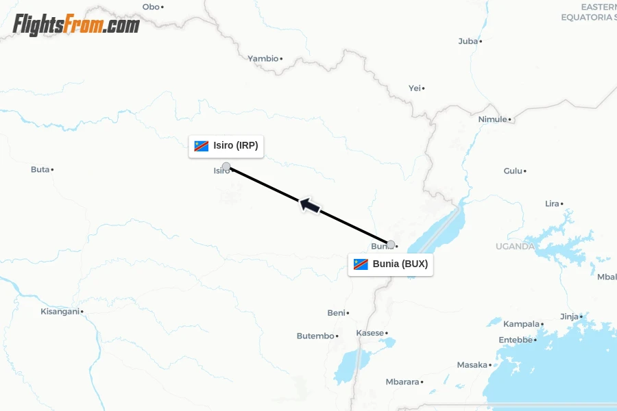 Flights from Bunia to Isiro route map