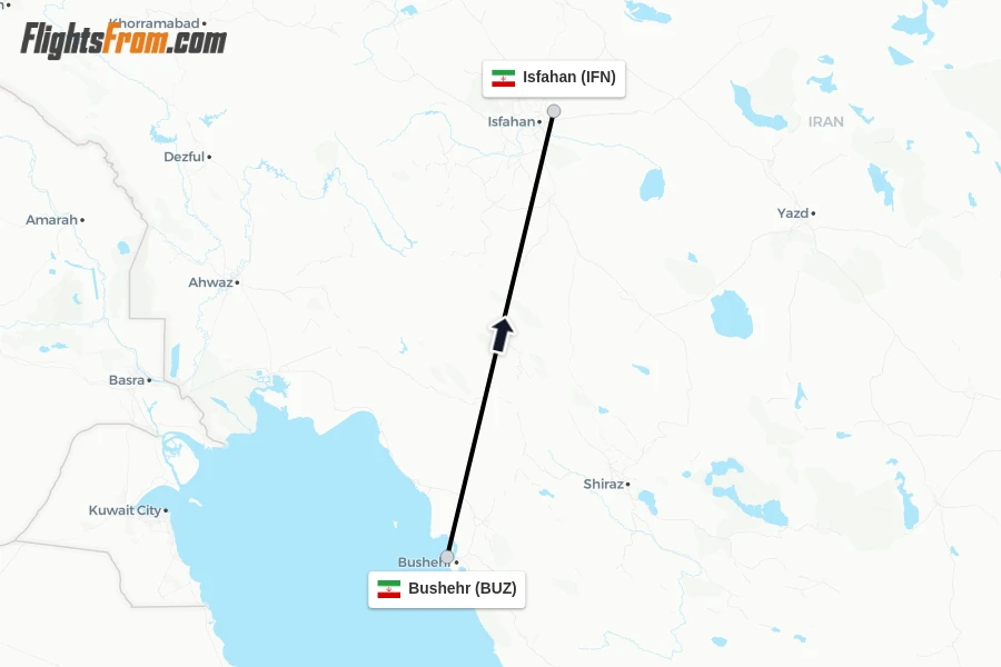 Flights from Bushehr to Isfahan route map