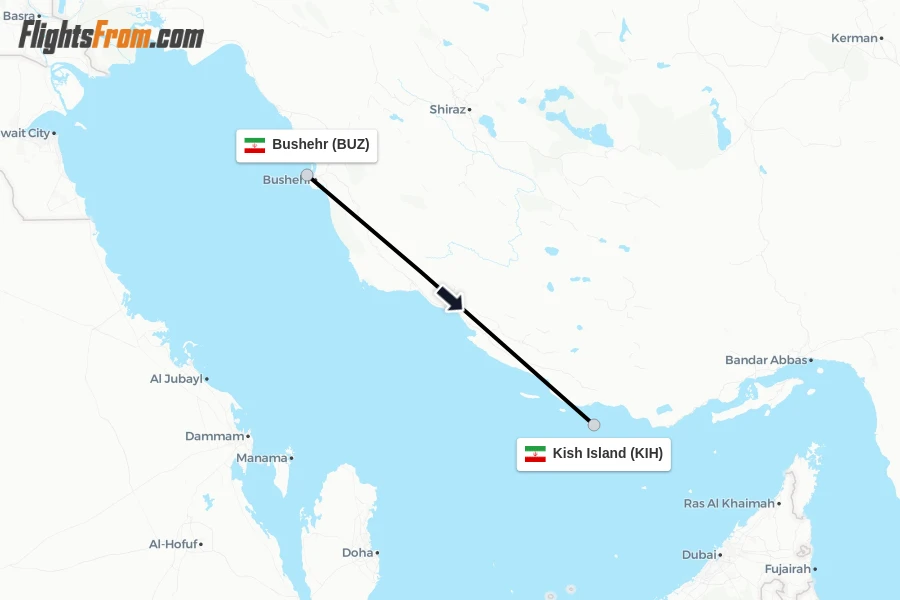 Flights from Bushehr to Kish Island route map
