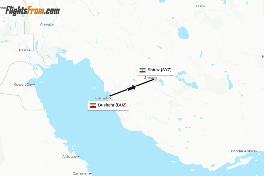 Flights from Bushehr to Shiraz route map