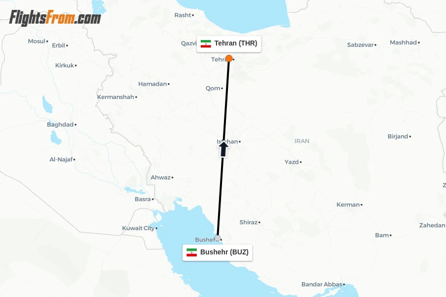 Flights from Bushehr to Tehran route map