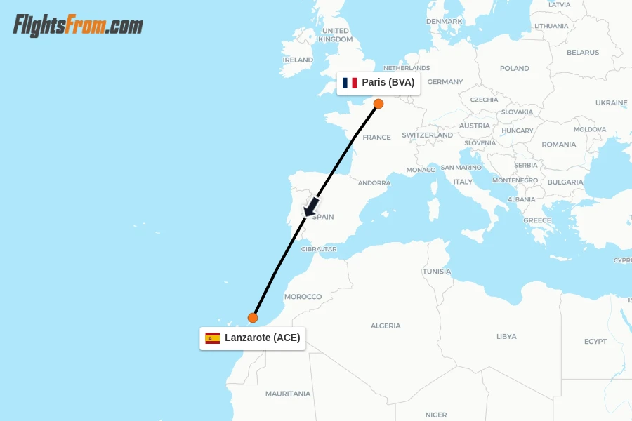 Flights from Paris to Lanzarote route map