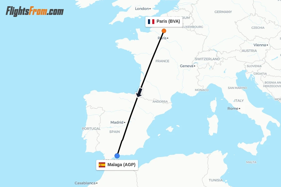 Flights from Paris to Malaga route map