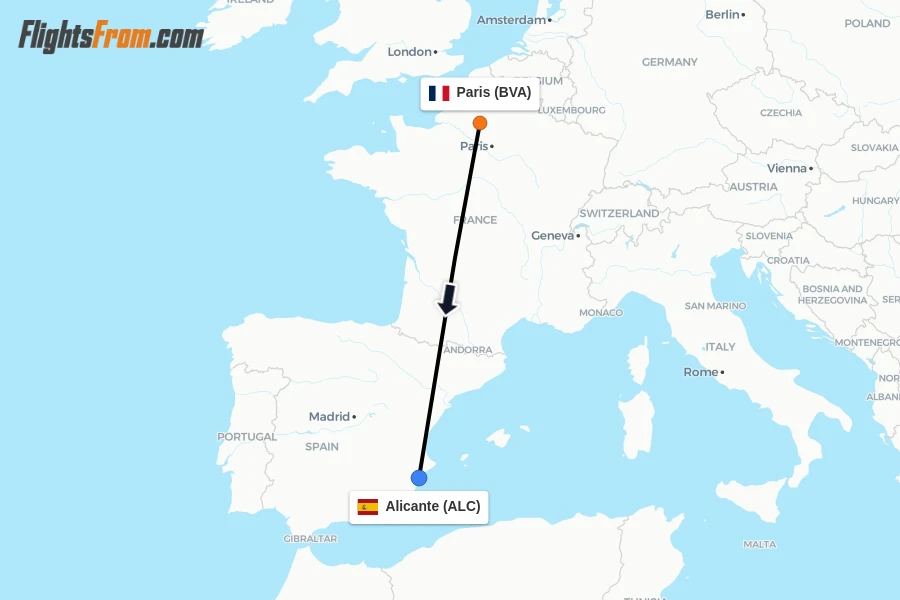 Flights from Paris to Alicante route map