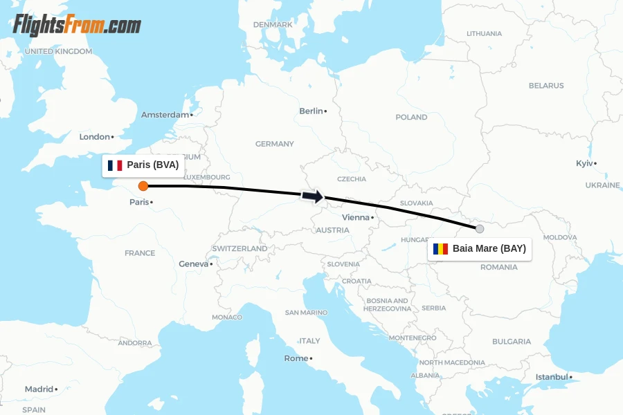 Flights from Paris to Baia Mare route map