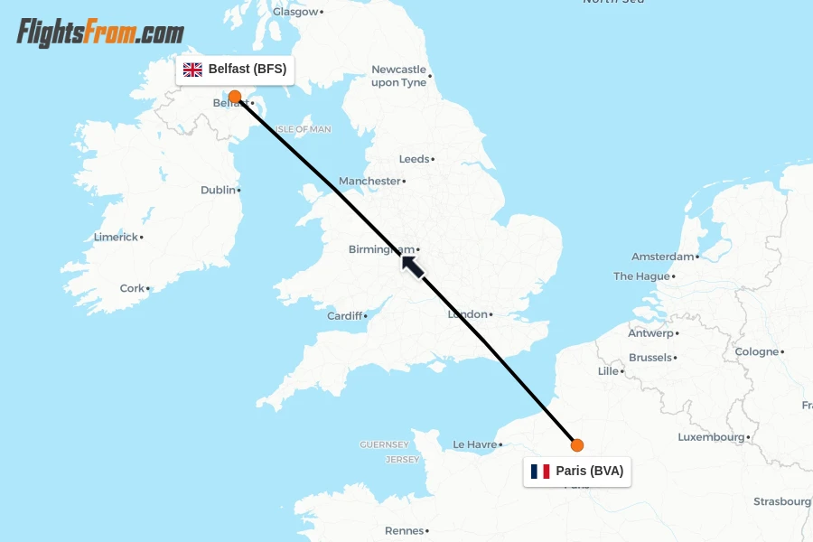 Flights from Paris to Belfast route map