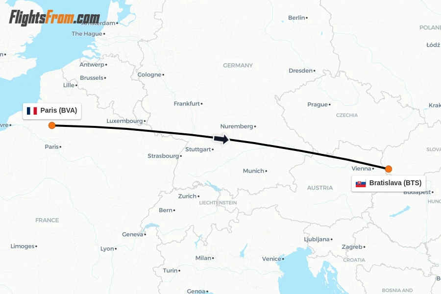 Flights from Paris to Bratislava route map