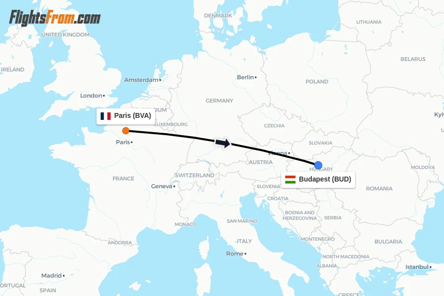 Flights from Paris to Budapest route map