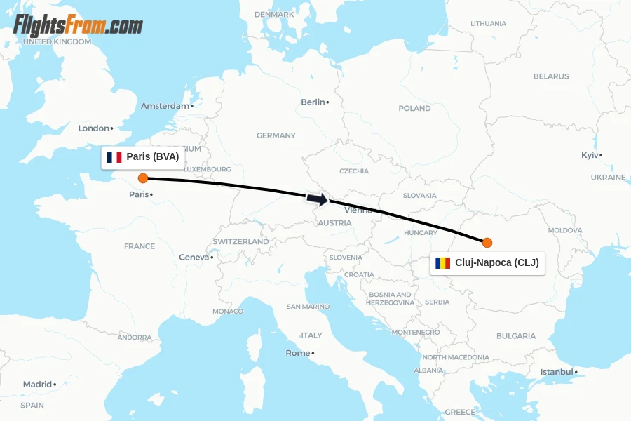 Flights from Paris to Cluj-Napoca route map