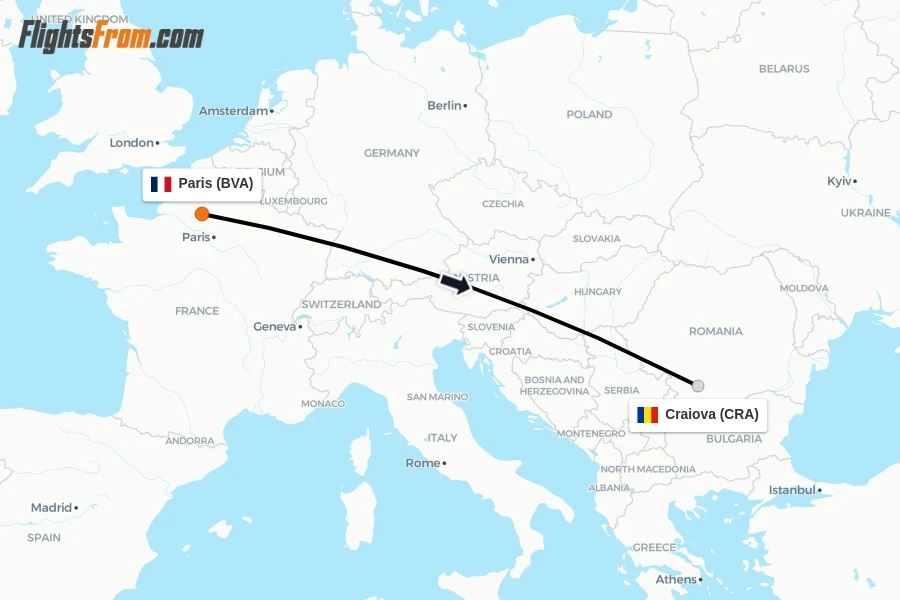 Flights from Paris to Craiova route map