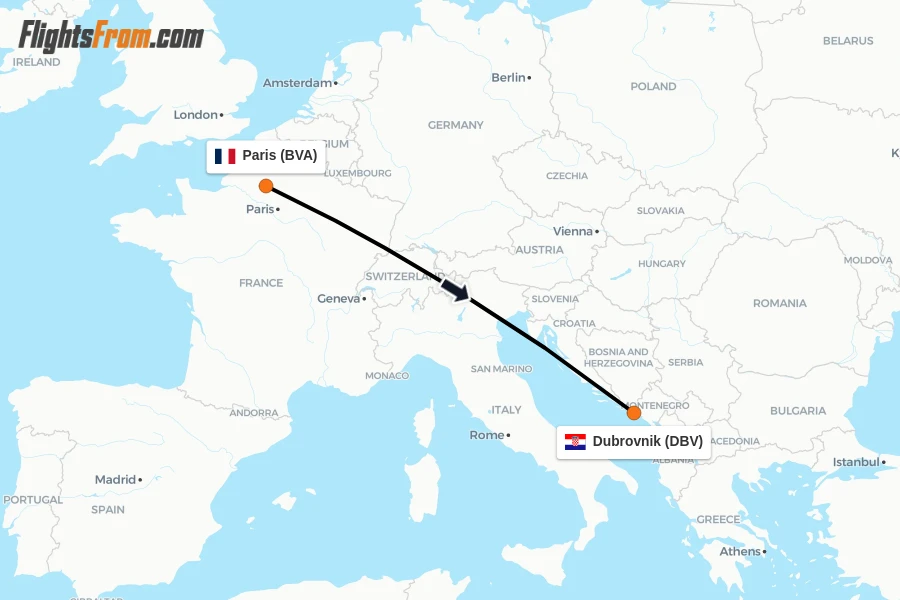 Flights from Paris to Dubrovnik route map