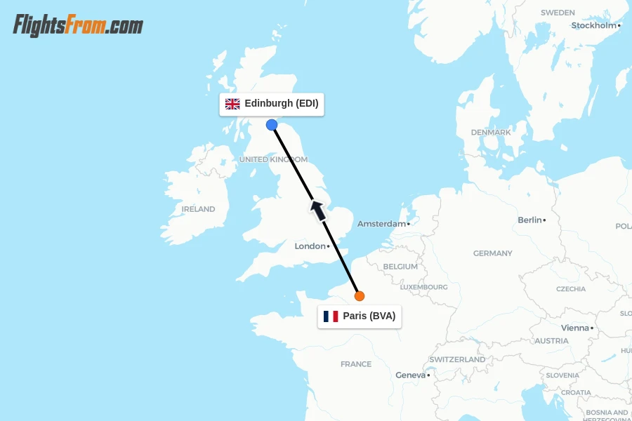 Flights from Paris to Edinburgh route map