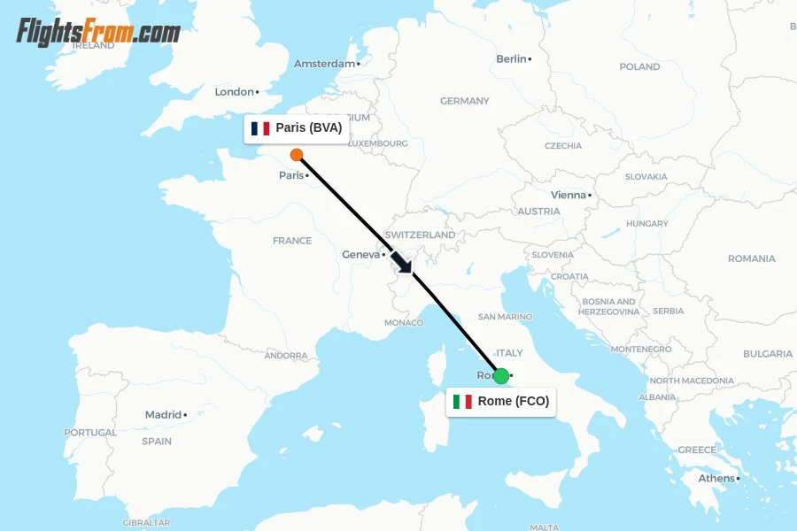 Flights from Paris to Rome route map