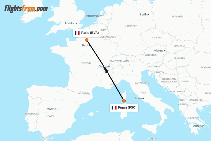Flights from Paris to Figari route map