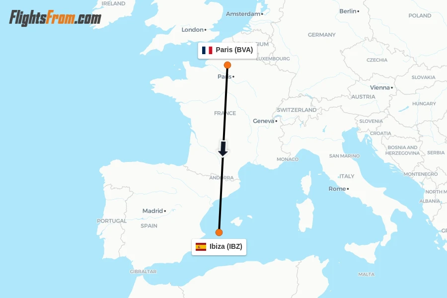 Flights from Paris to Ibiza route map