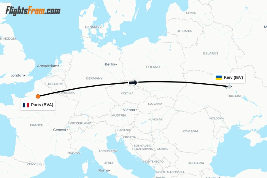 Flights from Paris to Kiev route map