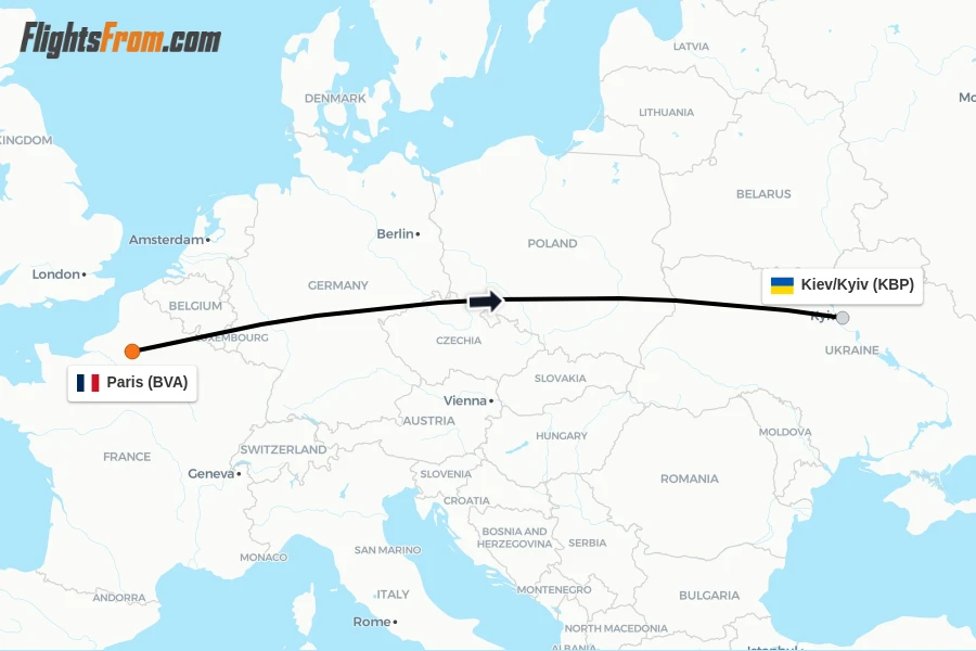 Flights from Paris to Kiev/Kyiv route map