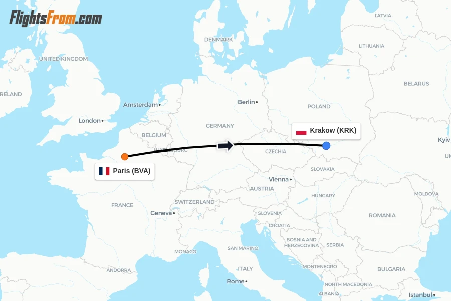 Flights from Paris to Krakow route map