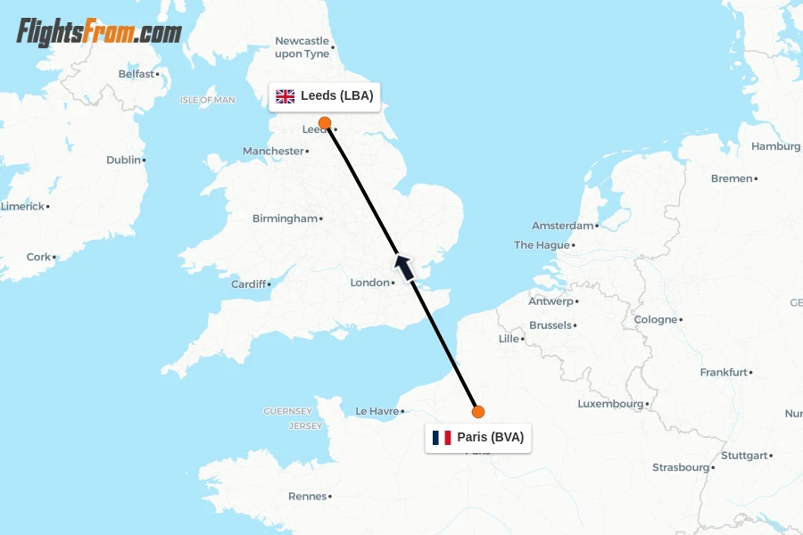 Flights from Paris to Leeds route map