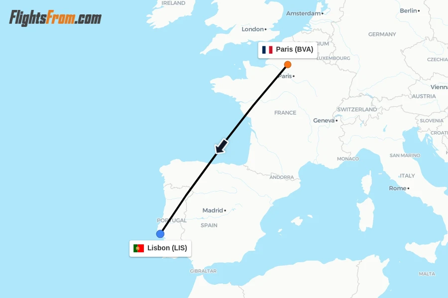 Flights from Paris to Lisbon route map