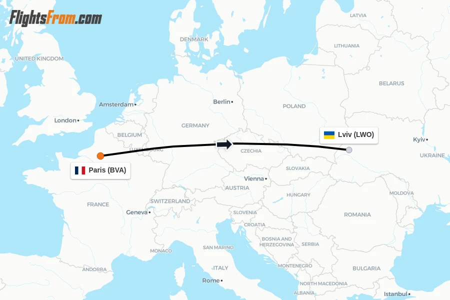 Flights from Paris to Lviv route map