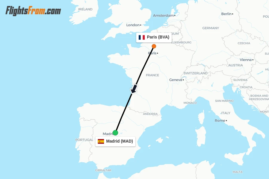Flights from Paris to Madrid route map