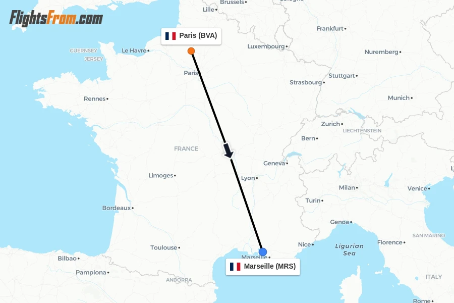 Flights from Paris to Marseille route map